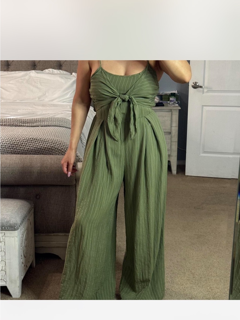 Women’s Olive Green Wide-Leg Jumpsuit with Front Tie